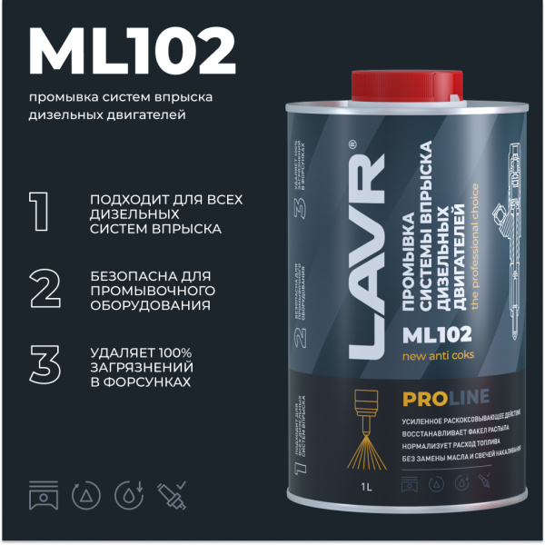 Промывка систем впрыска дизельных двигателей ML102 LAVR PRO LINE, 1 л / Ln2009